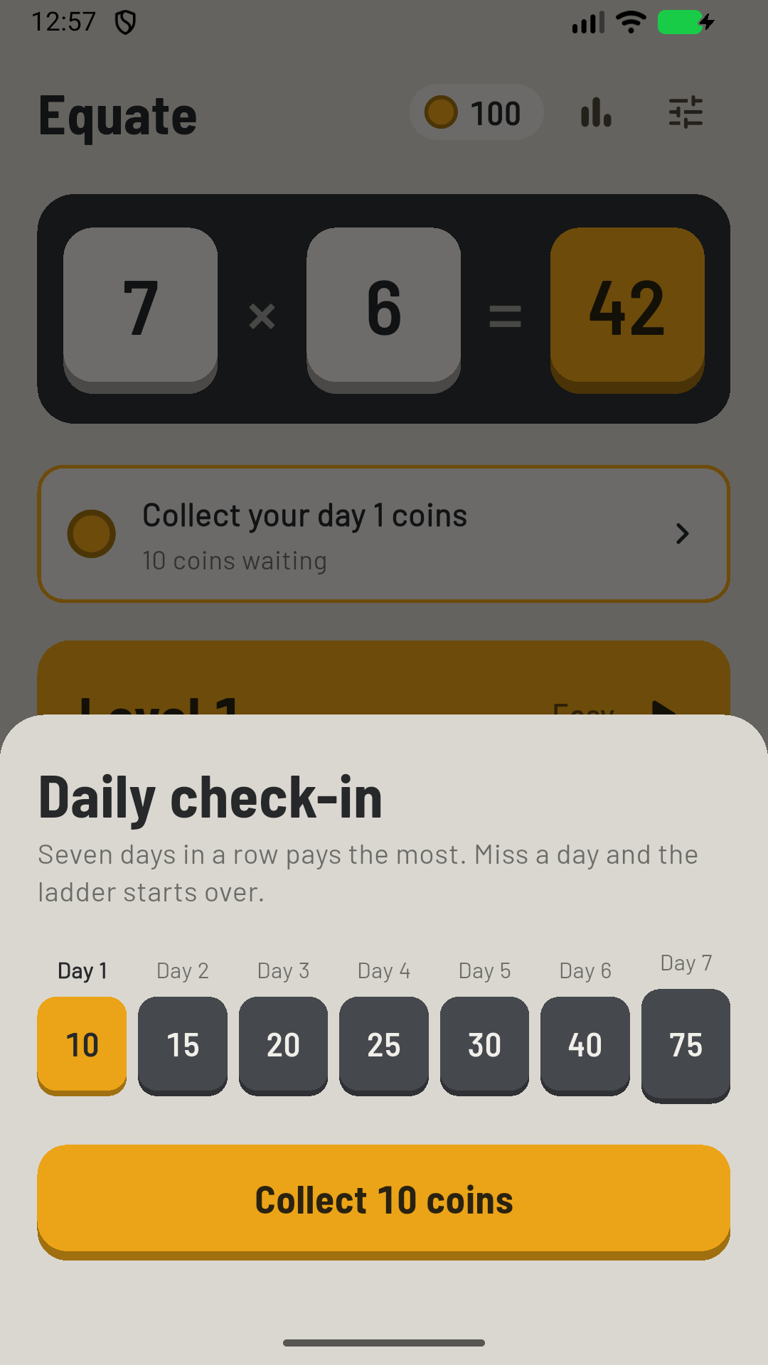 The daily check-in ladder paying 10 to 75 coins over seven days