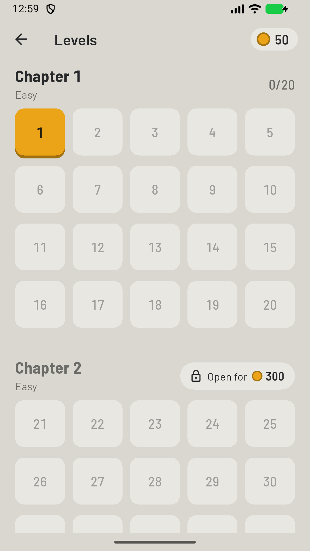 The level map showing chapter 1 open and chapter 2 locked